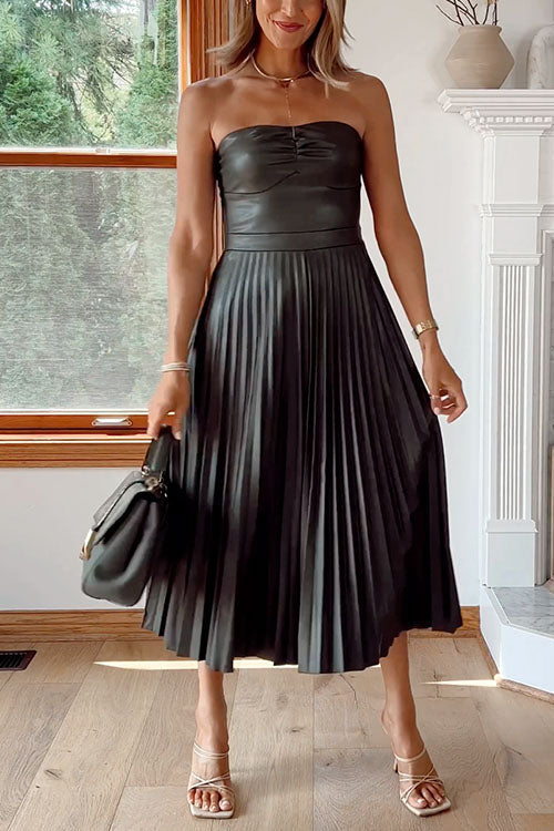 faux leather pleated midi dress Strapless – Hipster NewYork Boutique Bodystyle_Puff Sleeve Twirl Dress