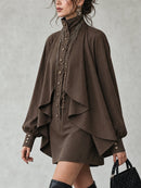 Chocolate high-neck mini dress with cape-style paneling