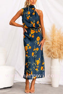 Mockneck Sleeveless Waisted Floral Midi Dress