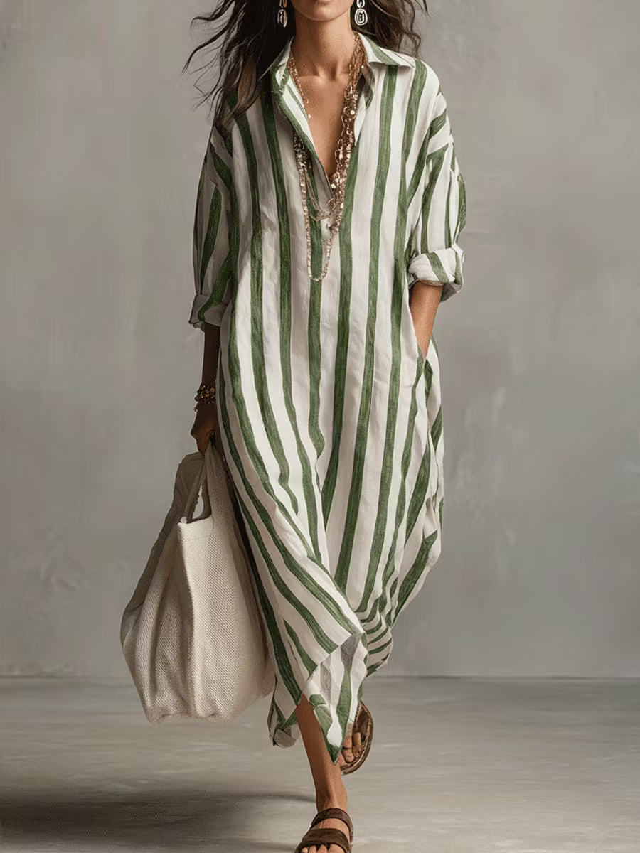 Casual Striped Shirt Bohemian Style Maxi Dress