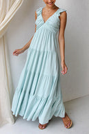 V Neck Ruffle Trim Tiered Sleeveless Linen Maxi Dress