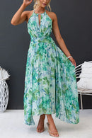 Margovil V Neck Waisted Cut Out Floral Pleated Maxi Dress