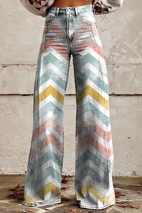 High Rise Color Block Printed Wide Leg Pants