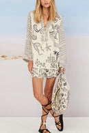 Collared V Neck Shirt and Side Slit Shorts Vitamin Sea Print Set