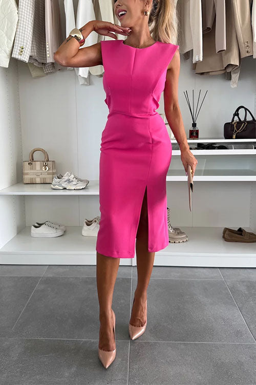 Margovil Crewneck Sleeveless Slit Bodycon Midi Dress