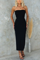 Strapless Tube Slit Ribbed Knit Midi Dress