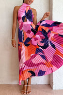 Halter Backless Cut Out Printed Maxi Pleated Dress