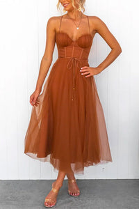 Open Back Waisted Swing Maxi Cami Tulle Dress