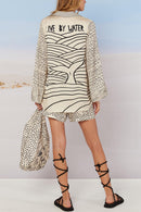 Collared V Neck Shirt and Side Slit Shorts Vitamin Sea Print Set