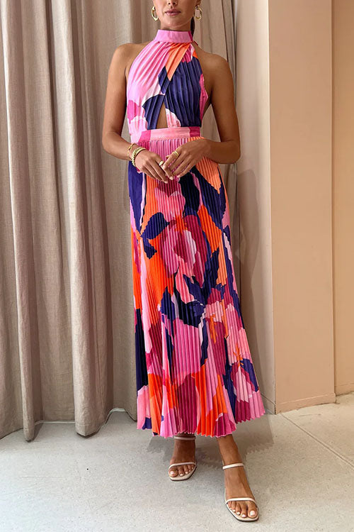 Halter Backless Cut Out Printed Maxi Pleated Dress