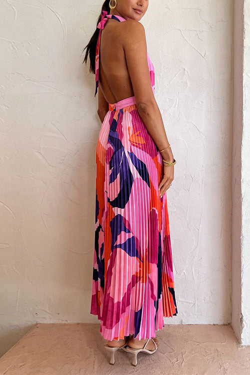 Halter Backless Cut Out Printed Maxi Pleated Dress