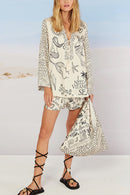 Collared V Neck Shirt and Side Slit Shorts Vitamin Sea Print Set