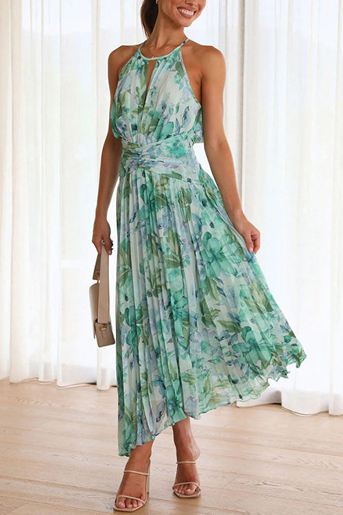 Margovil V Neck Waisted Cut Out Floral Pleated Maxi Dress