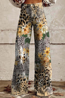 Margovil Leopard Floral Print Wide Leg Pocketed Pants