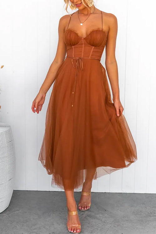 Open Back Waisted Swing Maxi Cami Tulle Dress
