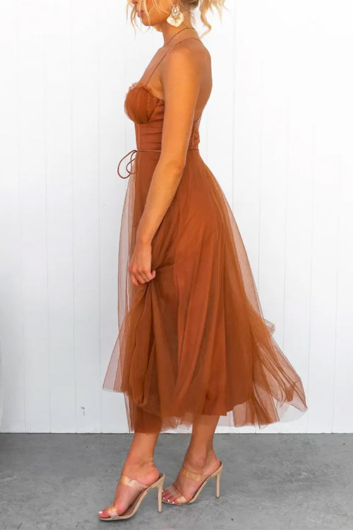 Open Back Waisted Swing Maxi Cami Tulle Dress