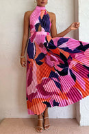 Halter Backless Cut Out Printed Maxi Pleated Dress