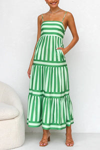 Spaghetti Strap Tiered Color Block Striped Maxi Dress