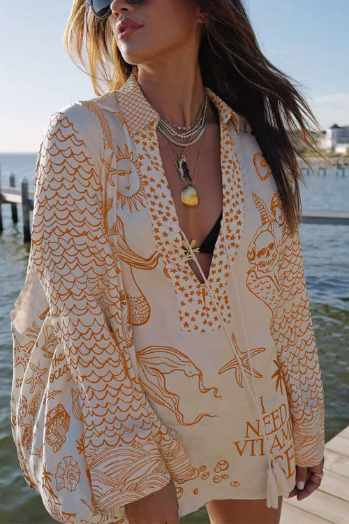 Collared V Neck Shirt and Side Slit Shorts Vitamin Sea Print Set