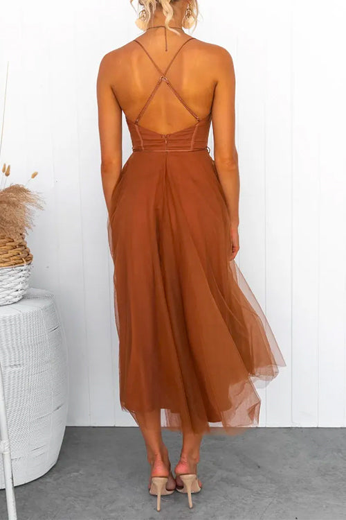 Open Back Waisted Swing Maxi Cami Tulle Dress