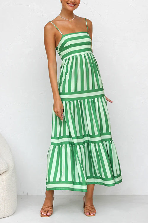 Spaghetti Strap Tiered Color Block Striped Maxi Dress