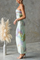 One Shoulder Watercolor Swirl Maxi Bodycon Dress