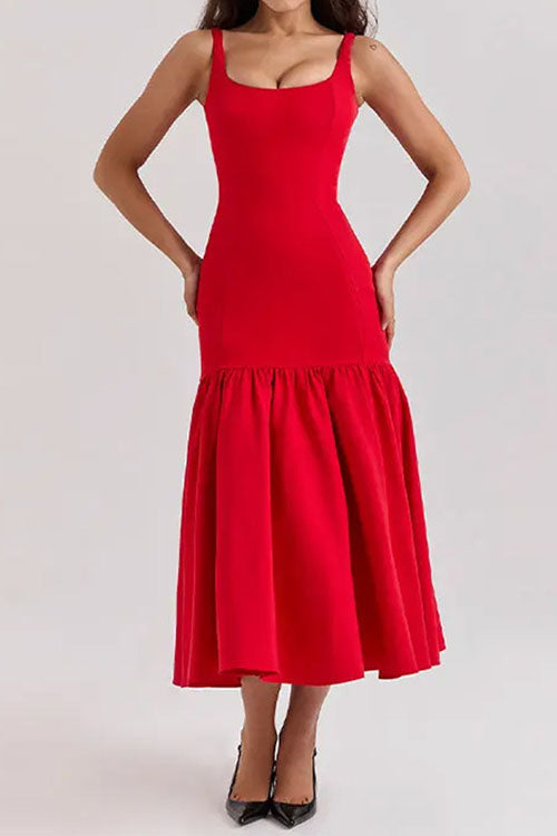 U Neck Sleeveless Ruffle Bodycon Midi Dress
