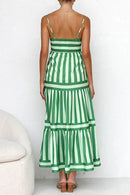 Spaghetti Strap Tiered Color Block Striped Maxi Dress