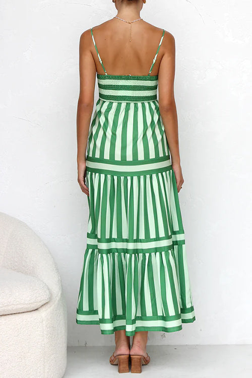 Spaghetti Strap Tiered Color Block Striped Maxi Dress