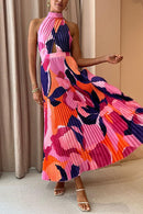 Halter Backless Cut Out Printed Maxi Pleated Dress