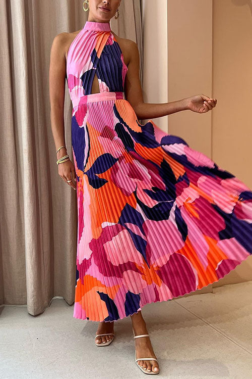 Halter Backless Cut Out Printed Maxi Pleated Dress