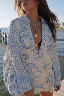 Collared V Neck Shirt and Side Slit Shorts Vitamin Sea Print Set