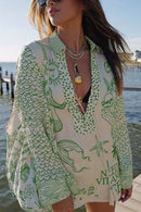 Collared V Neck Shirt and Side Slit Shorts Vitamin Sea Print Set