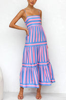 Spaghetti Strap Tiered Color Block Striped Maxi Dress