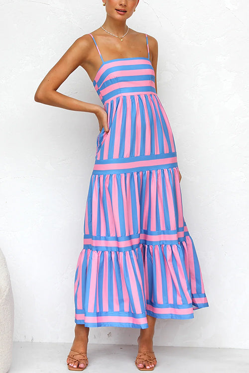 Spaghetti Strap Tiered Color Block Striped Maxi Dress