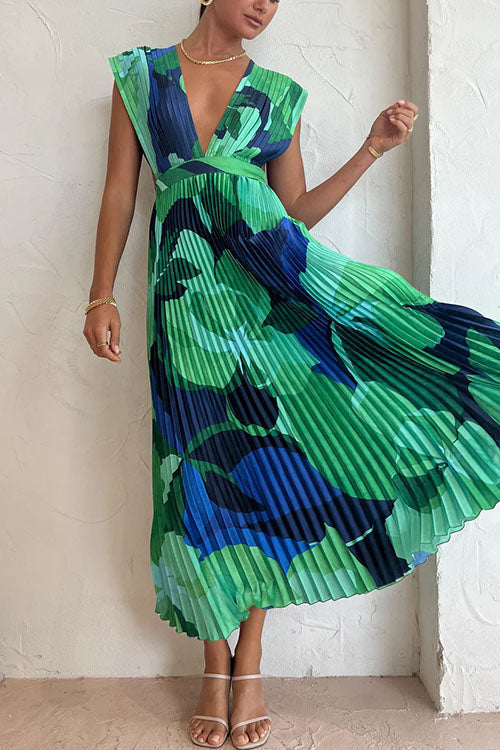 V Neck Waisted Back Cut Out Printed Maxi Pleated Dress