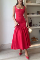 U Neck Sleeveless Ruffle Bodycon Midi Dress