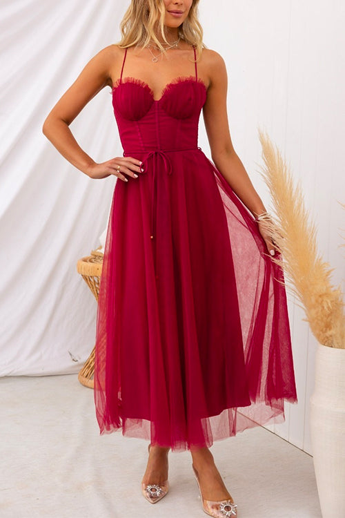 Open Back Waisted Swing Maxi Cami Tulle Dress