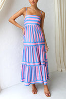 Spaghetti Strap Tiered Color Block Striped Maxi Dress