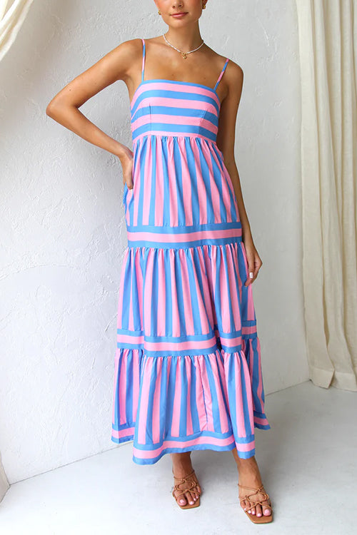 Spaghetti Strap Tiered Color Block Striped Maxi Dress