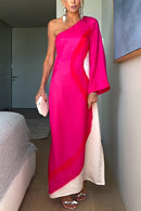 One Shoulder Long Sleeve Side Slit Tie Dye Maxi Dress