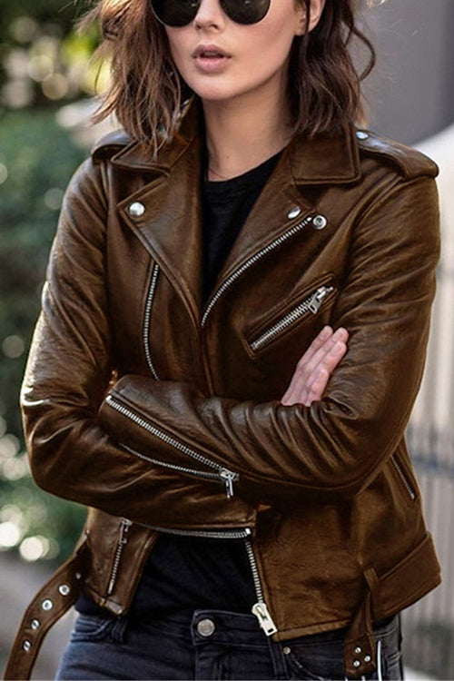 Vintage Lapel Zip Up Faux Leather Moto Jacket