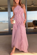 Strappy Halter Neck Ruffle Trim Asymmetric Hem Pleated Maxi Dress