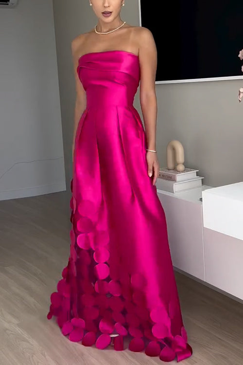 Strapless Waisted Polka Dot Applique Maxi Party Dress