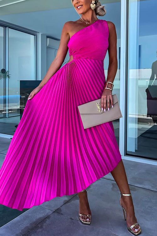 One Shoulder Cut Out Waist Irregular Pleated Party Dress