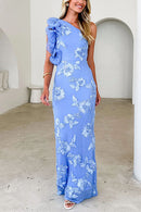 Sleeveless Ruffle One Shoulder Floral Mesh Maxi Dress