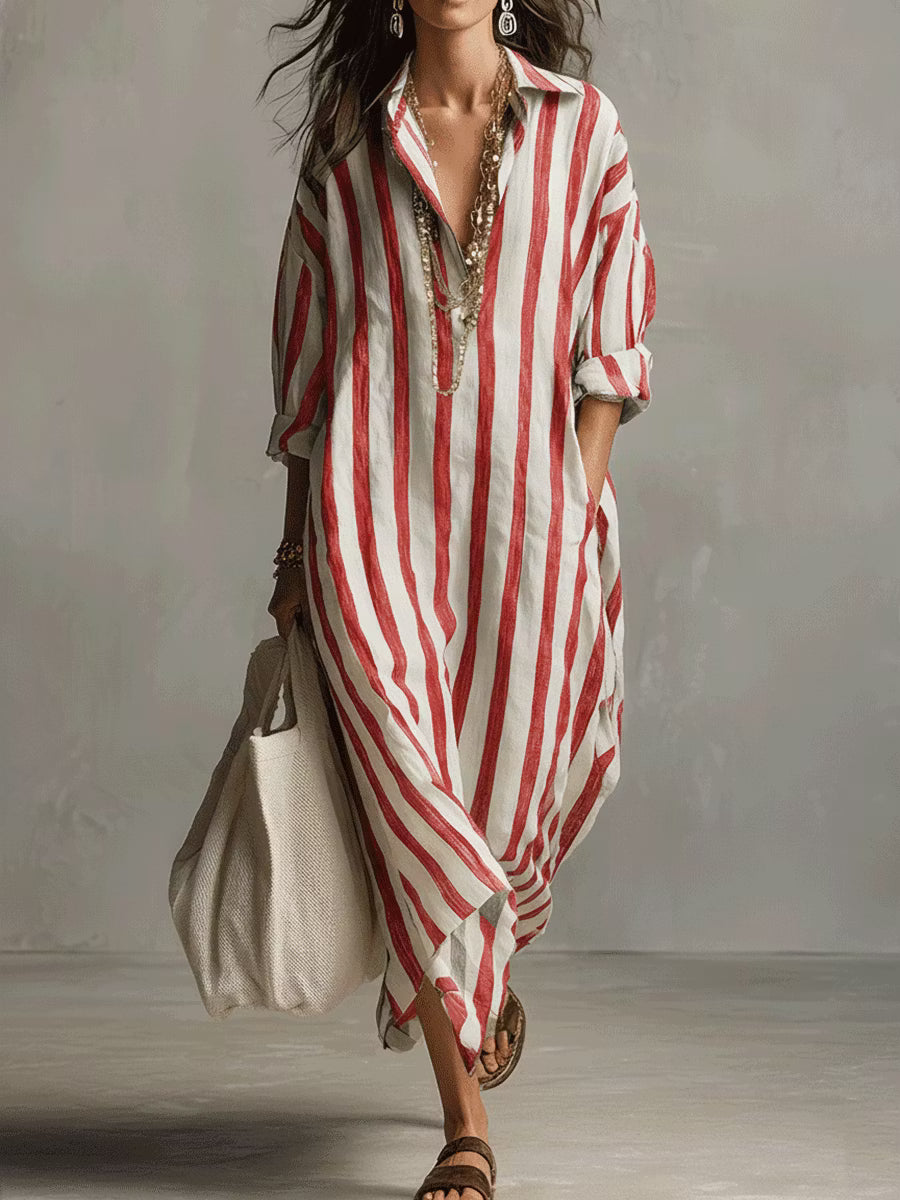 Casual Striped Shirt Bohemian Style Maxi Dress