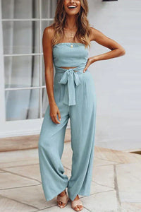 Margovil Off Shoulder Bow Tie Waist Wide Leg Jumpsuit