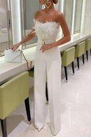 Margovil Off Shoulder Feather Splice Belted Jumpsuit