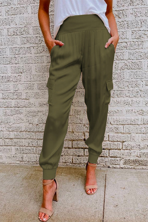 Fashion Style High Waist Satin Pants with Pockets